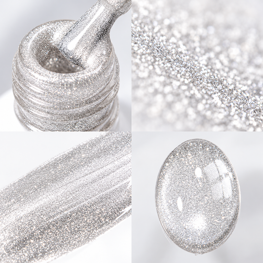 Collage displaying the silver magnetic gel formula inside the bottle neck, a brush stroke texture, and an oval nail swatch showing a reflective cat eye finish.