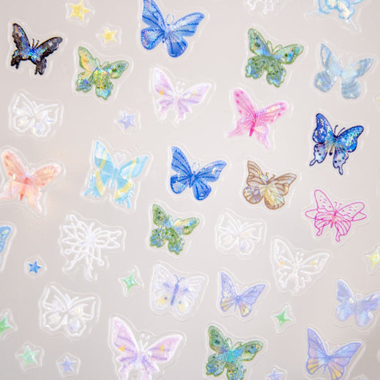 Pastel rainbow butterfly decals displaying holographic shimmer.