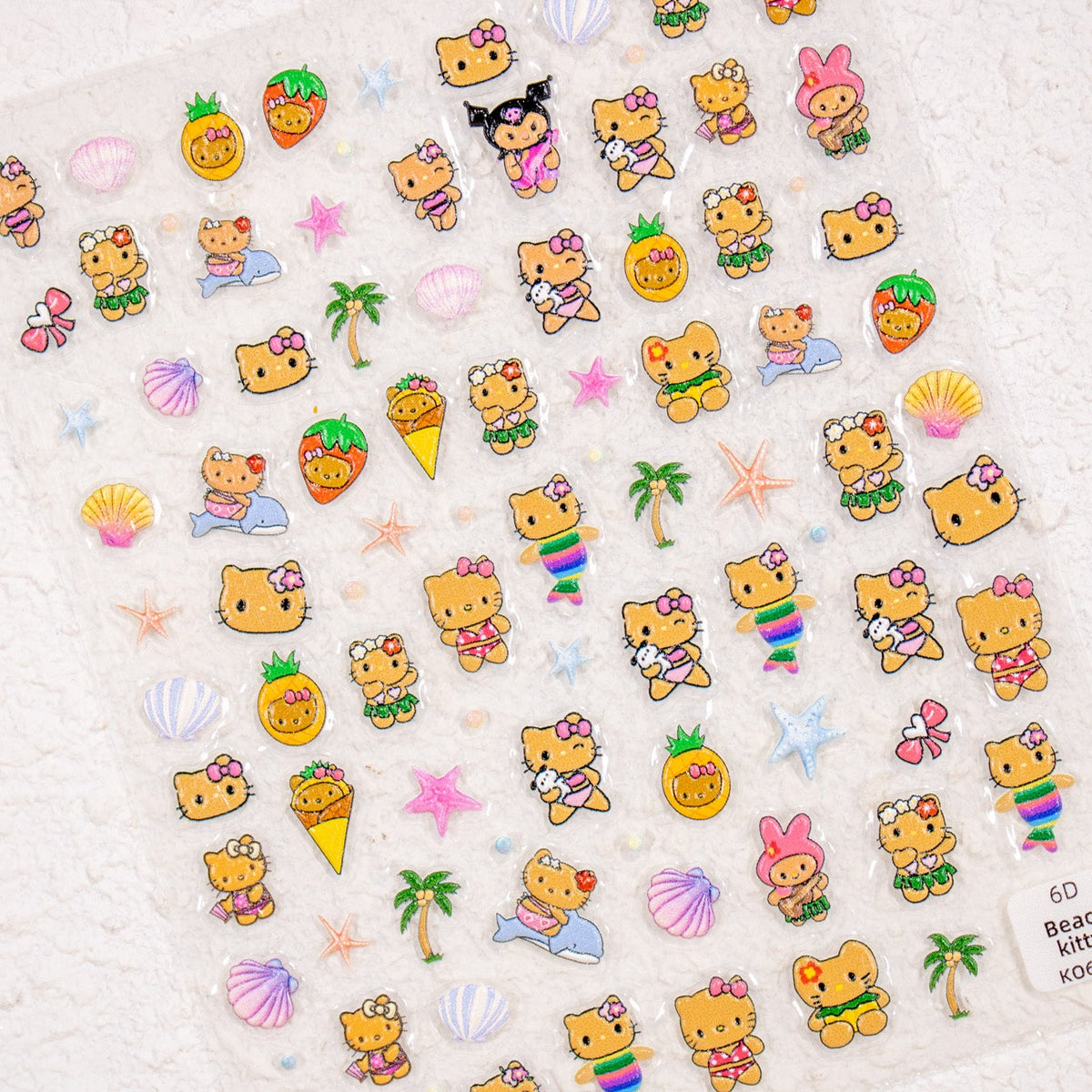 Full sheet of Beach Day kitty summer nail art stickers.