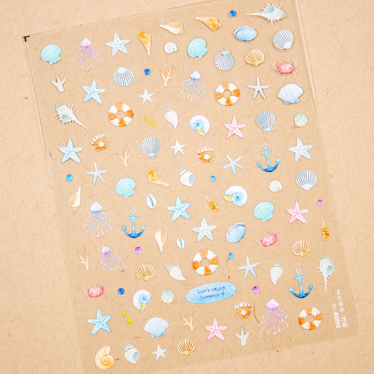 Full sheet of Ocean Breeze soft watercolor sea life nail stickers.
