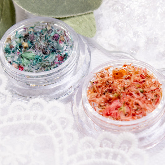 Garden Green and Blush Bloom dried flower flake jars side-by-side.