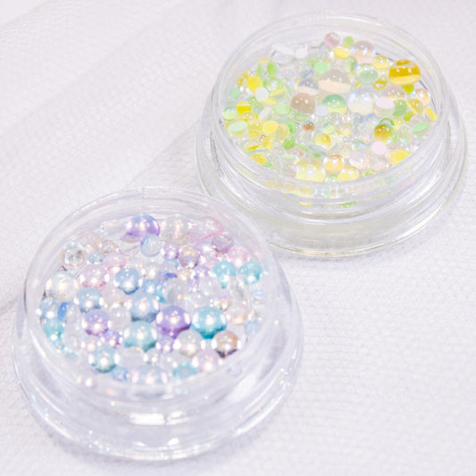 Top-down view of Citrus Pop and Berry Bloom candy drop bead jars side-by-side.