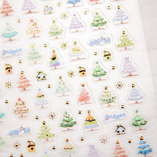 Frosty Christmas Tree nail sticker sheet displaying pastel winter nail decals.