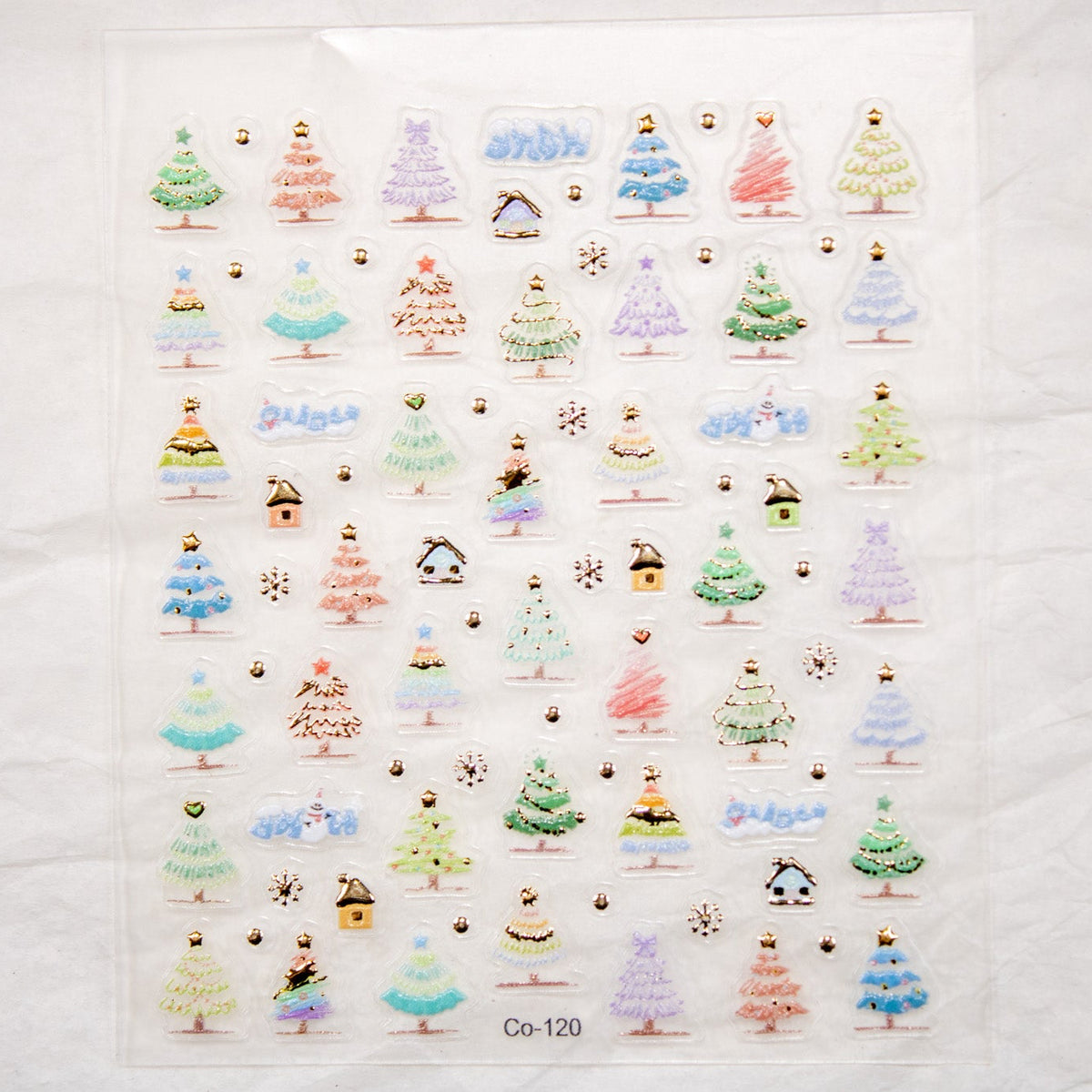 Full Frosty Christmas Tree nail sticker sheet laid flat displaying all available pastel trees, houses, snowflakes, and "Snow" text decals.