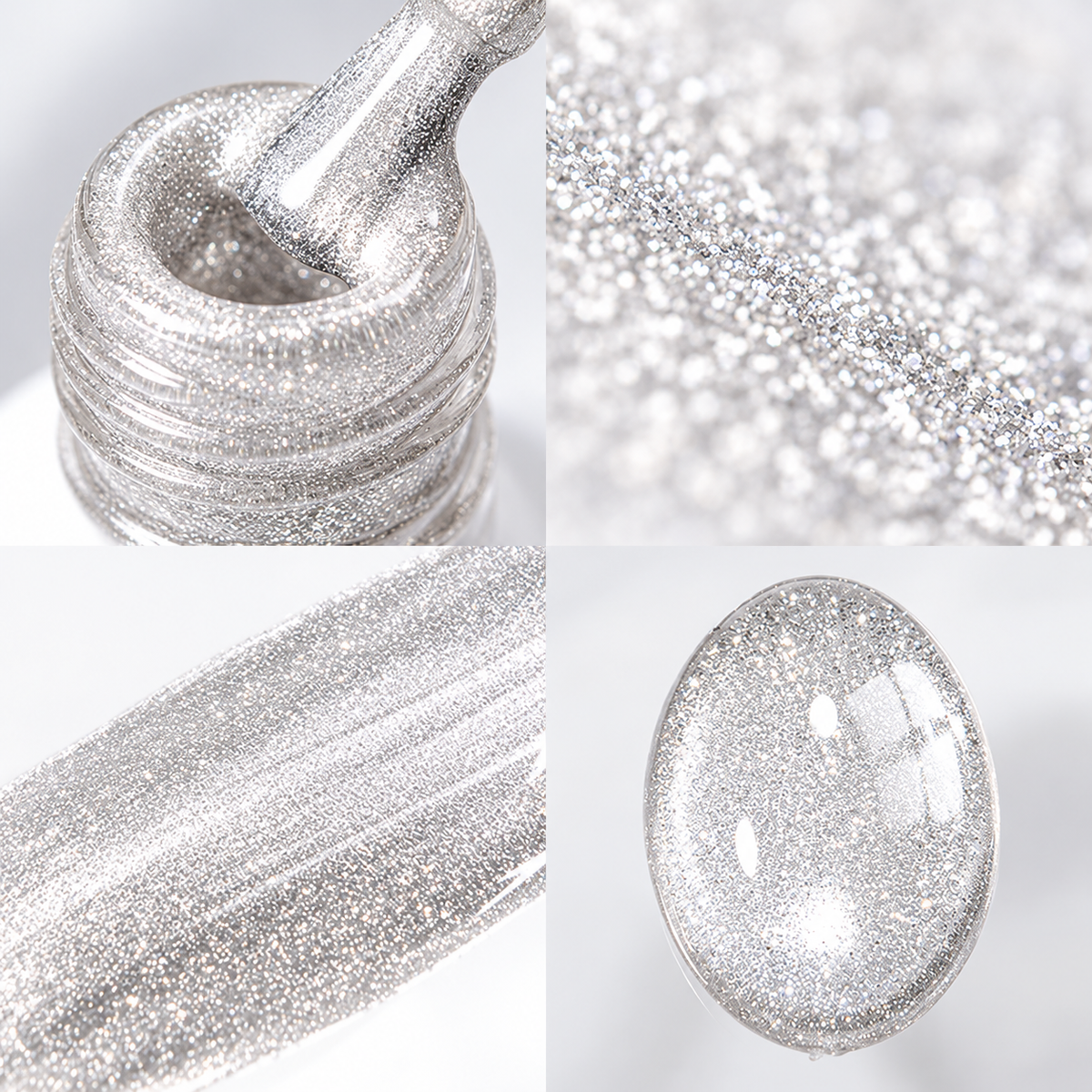 Collage displaying the silver magnetic gel formula inside the bottle neck, a brush stroke texture, and an oval nail swatch showing a reflective cat eye finish.