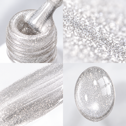 Collage displaying the silver magnetic gel formula inside the bottle neck, a brush stroke texture, and an oval nail swatch showing a reflective cat eye finish.