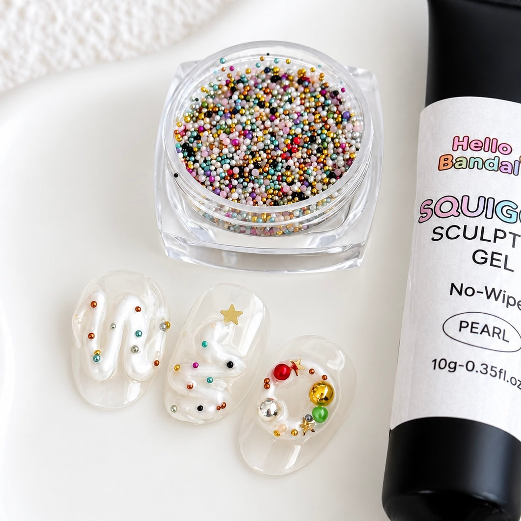 Square jar of multicolor Stardust Caviar Beads displayed next to three nail swatches and a tube of Hello Bandal Squiggle Sculpt Gel.