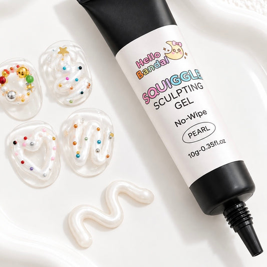 Hello Bandal Pearl Squiggle Sculpting Gel with pearlescent 3D nail art designs featuring colorful bead accents