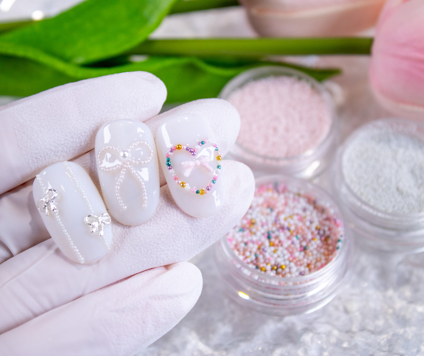 0.8mm baby pearl beads used for Korean nail art designs on gel nails.