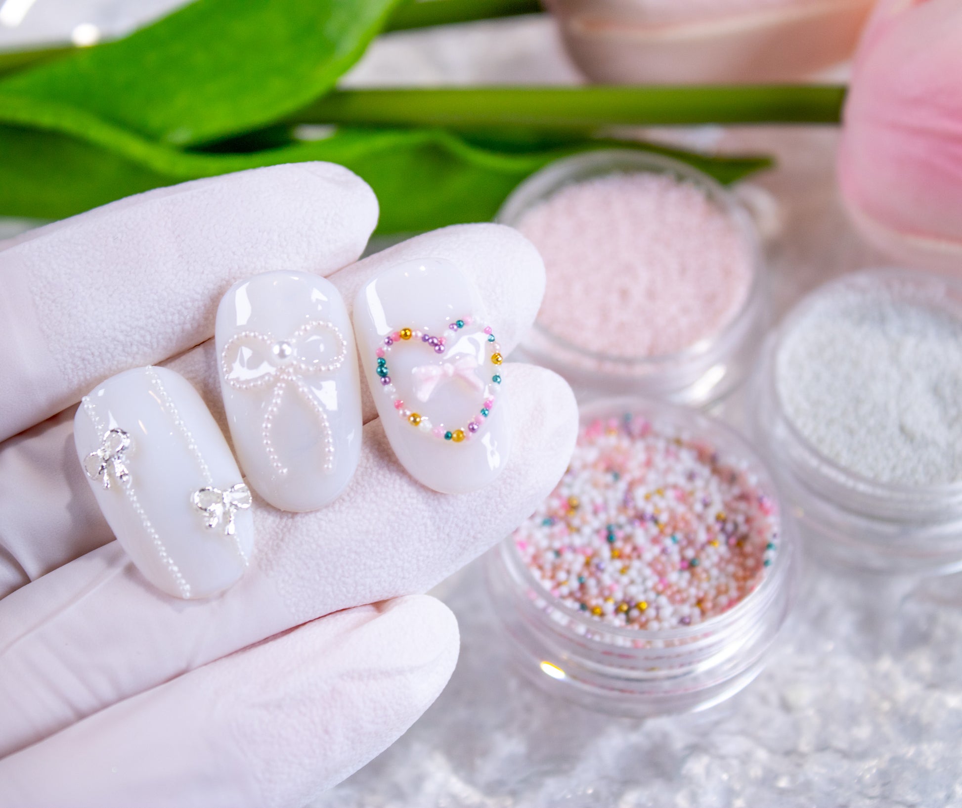 0.8mm baby pearl beads used for Korean nail art designs on gel nails.