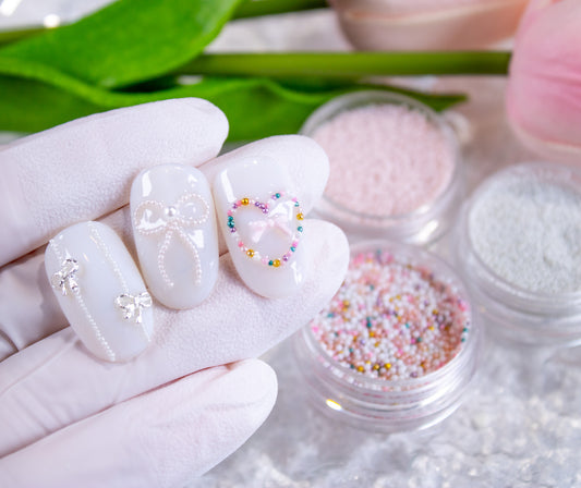 0.8mm baby pearl beads used for Korean nail art designs on gel nails.