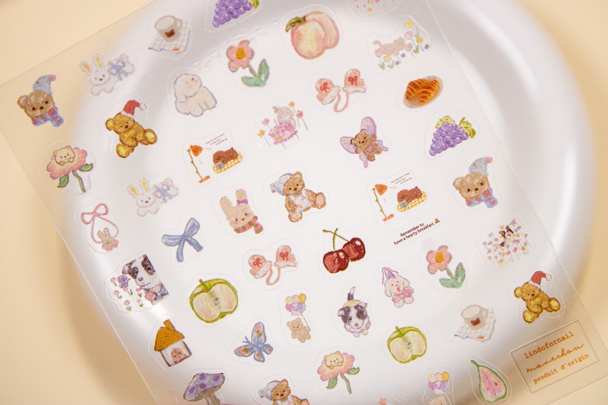 Cute bear and bunny nail stickers with cherries, fruit, and cottagecore picnic theme.