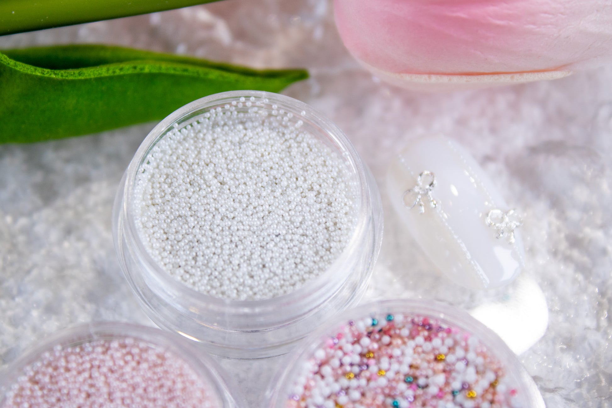 Tiny white pearl nail beads for Korean style micro bead nail art.